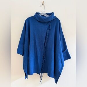 CHICO'S Cowl Neck Fringe Cashmere Blend Poncho L/XL Blue